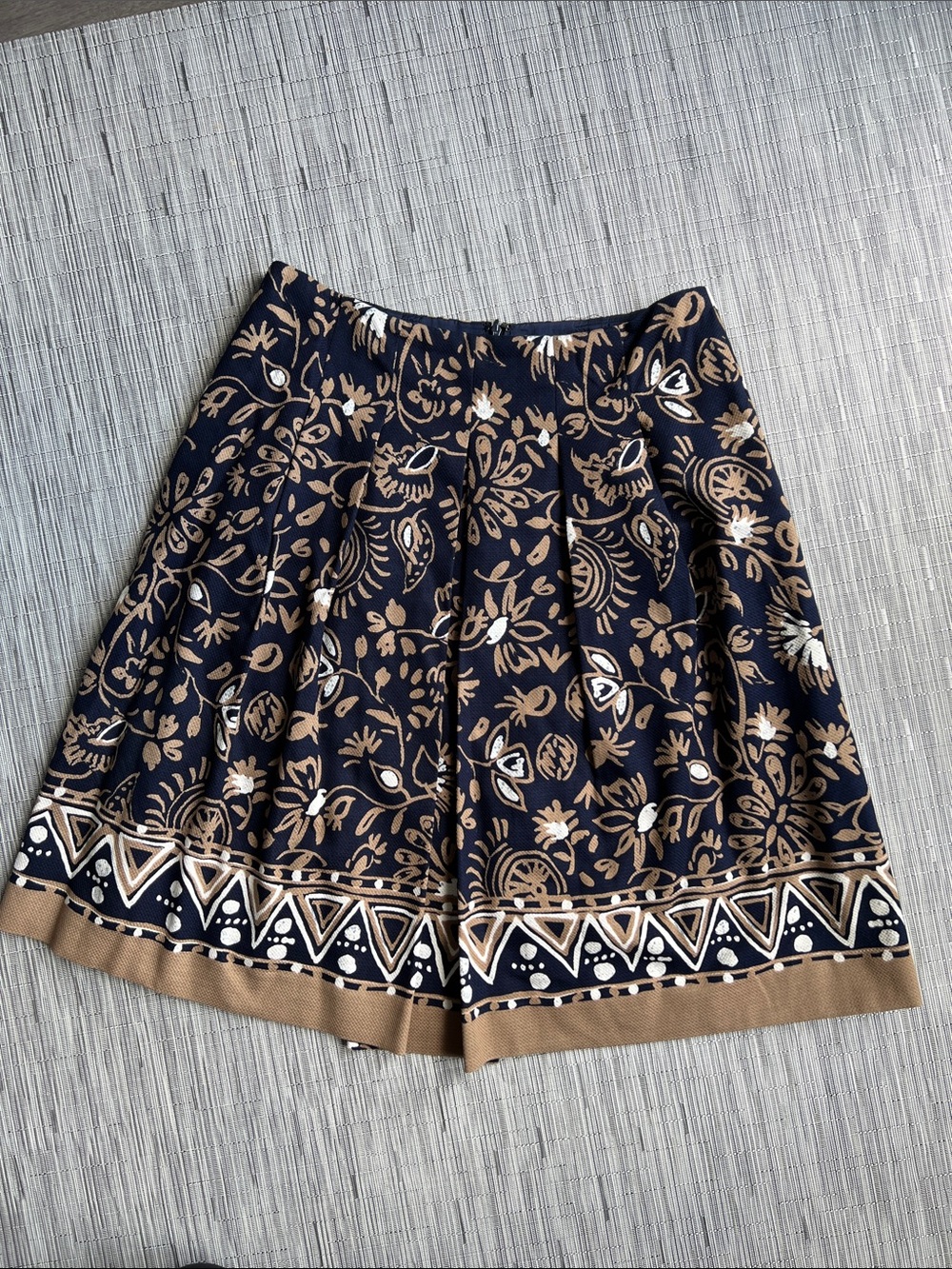 Teri Jon Navy Cotton Boho Skirt with Tan & White Floral Border